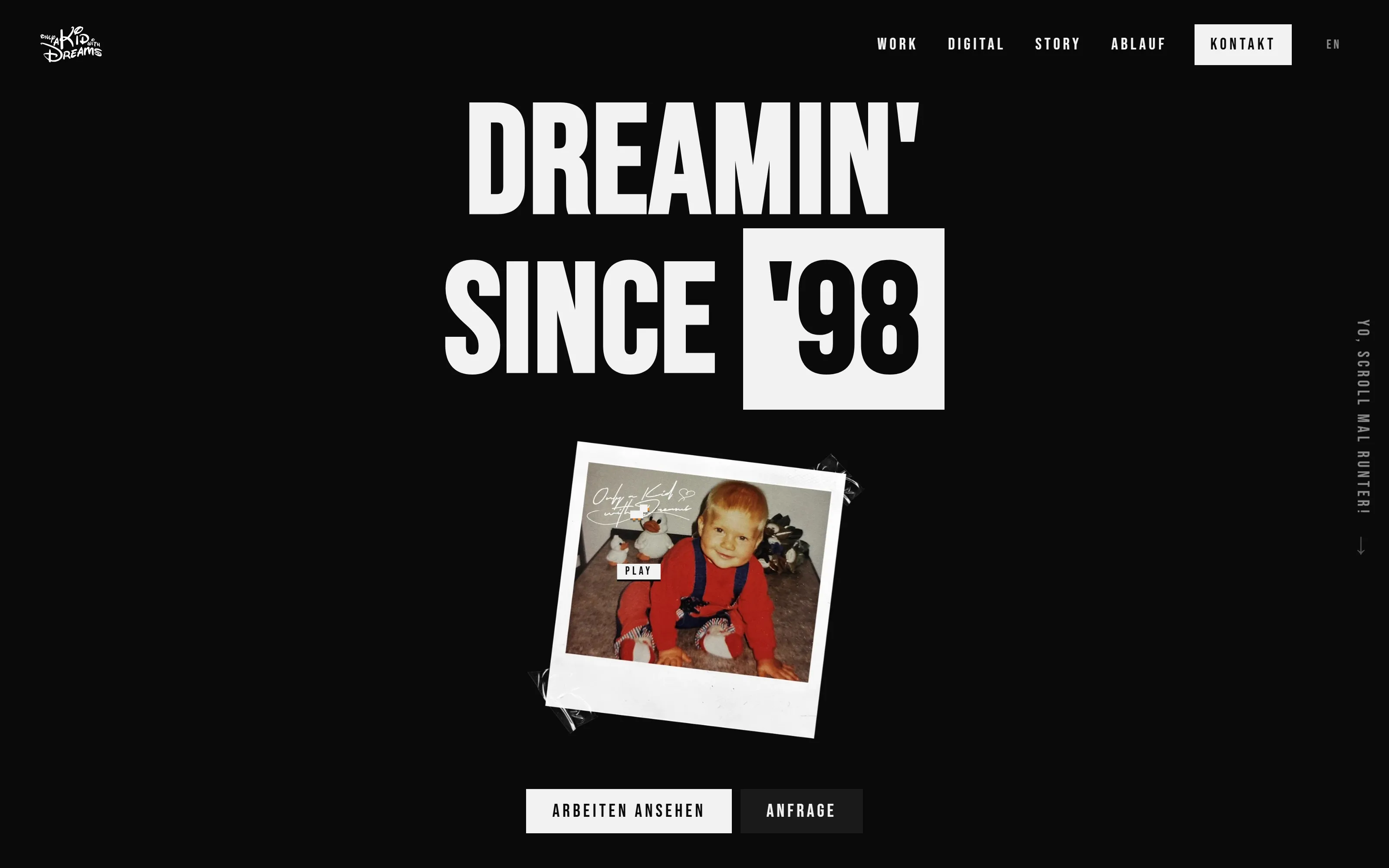 Startseite der Website von Only a kid with dreams, Bildschirmfoto der Startansicht